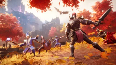 Armoured player swinging a sword at several enemies in an autumn woodland