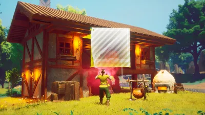Player holding a torch in front of a self-built wooden house at dusk