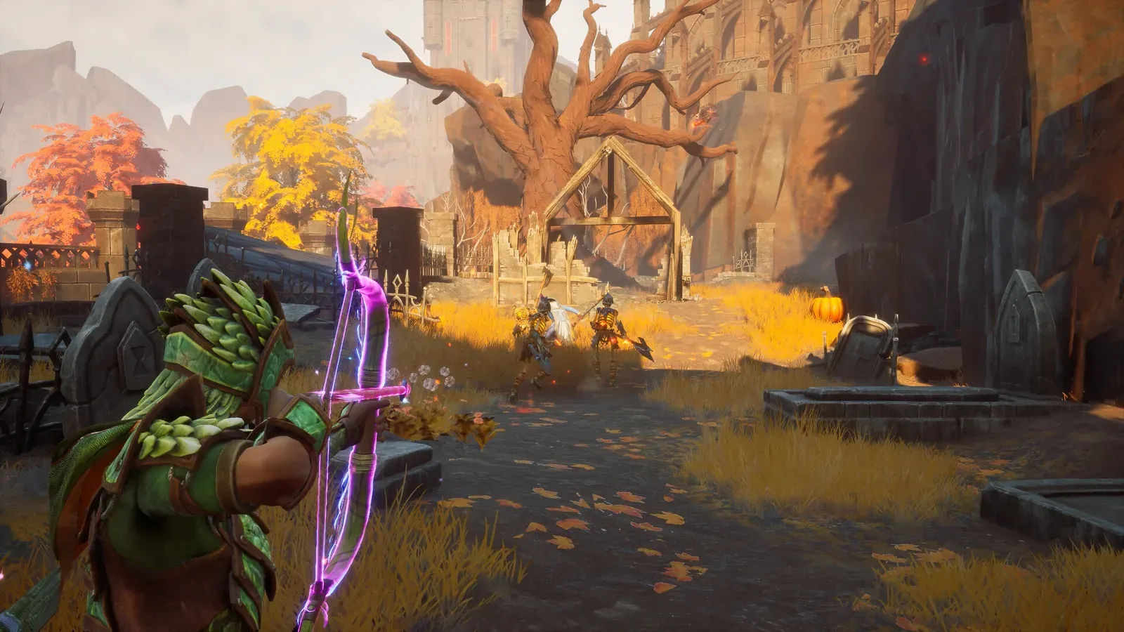 Player drawing a bow at a goblin in an autumn woodland during the early regions