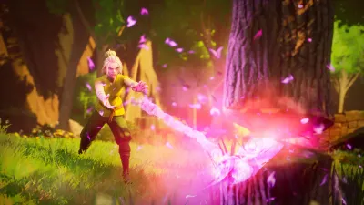 Solo player casting pink and purple magic in a jungle, showing subscription copies get the full game