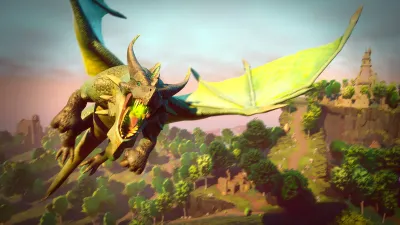 A dragon gliding over green valleys and ruins in Ashenfall, showing the handcrafted map
