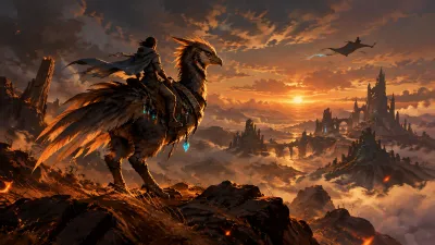 A rider on a giant bird mount crossing an ember-lit ridge, with a flying carpet silhouette above