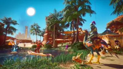 Player riding a mount through an oasis village in a multiplayer world