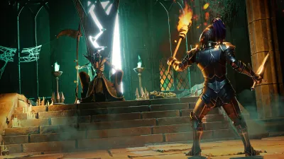 Player facing a green portal and skeletal guardians inside a dim temple during a quest