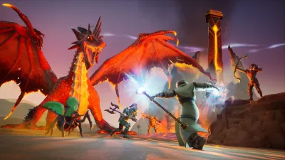 Two red dragons breathe fire at the player among collapsing ruins in the 1.0 endgame