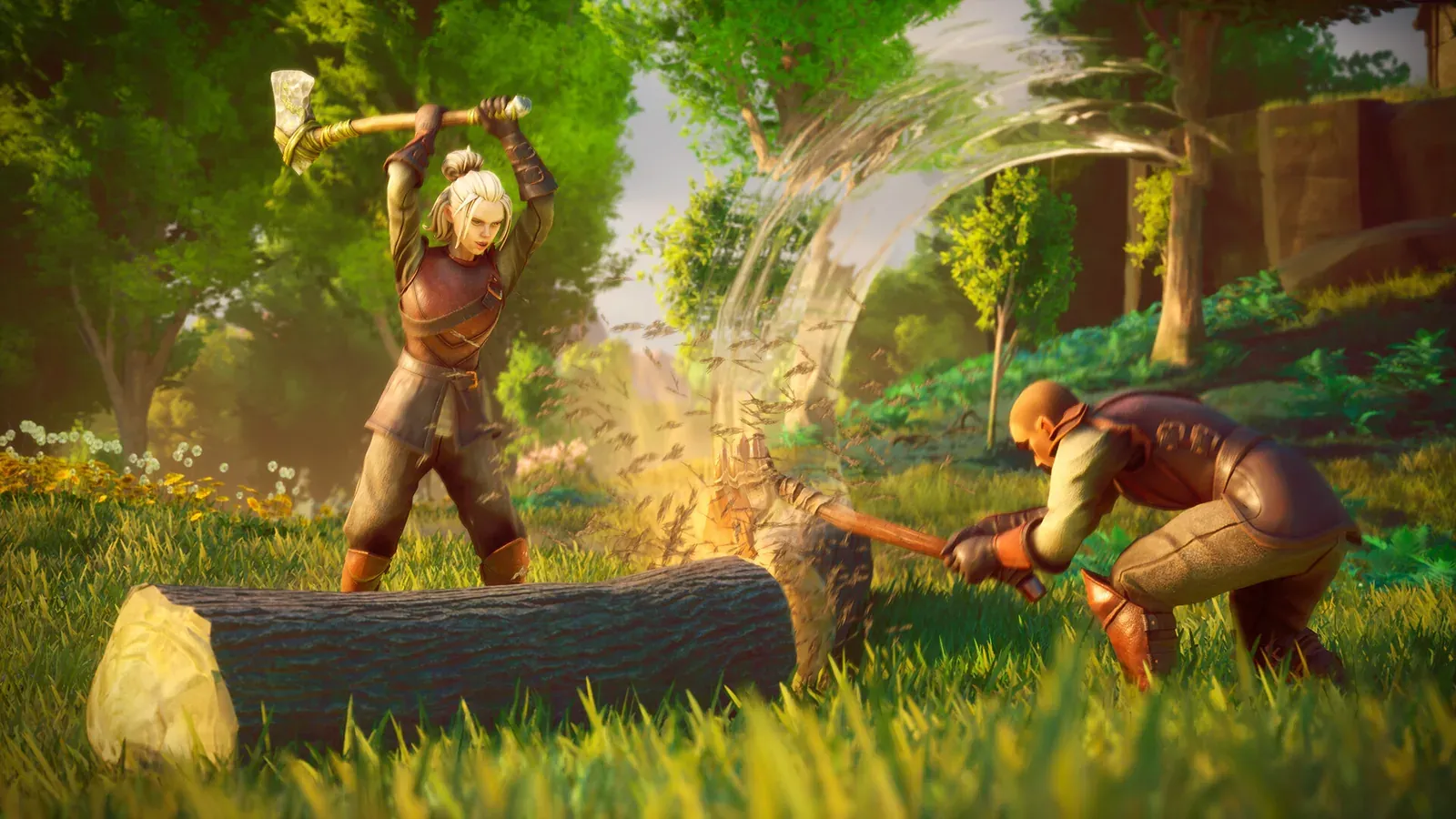 Two players splitting a massive log with axes, showing that skills level through ordinary gathering