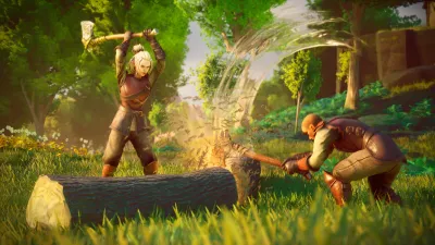 Two players splitting a massive log with axes, showing that skills level through ordinary gathering