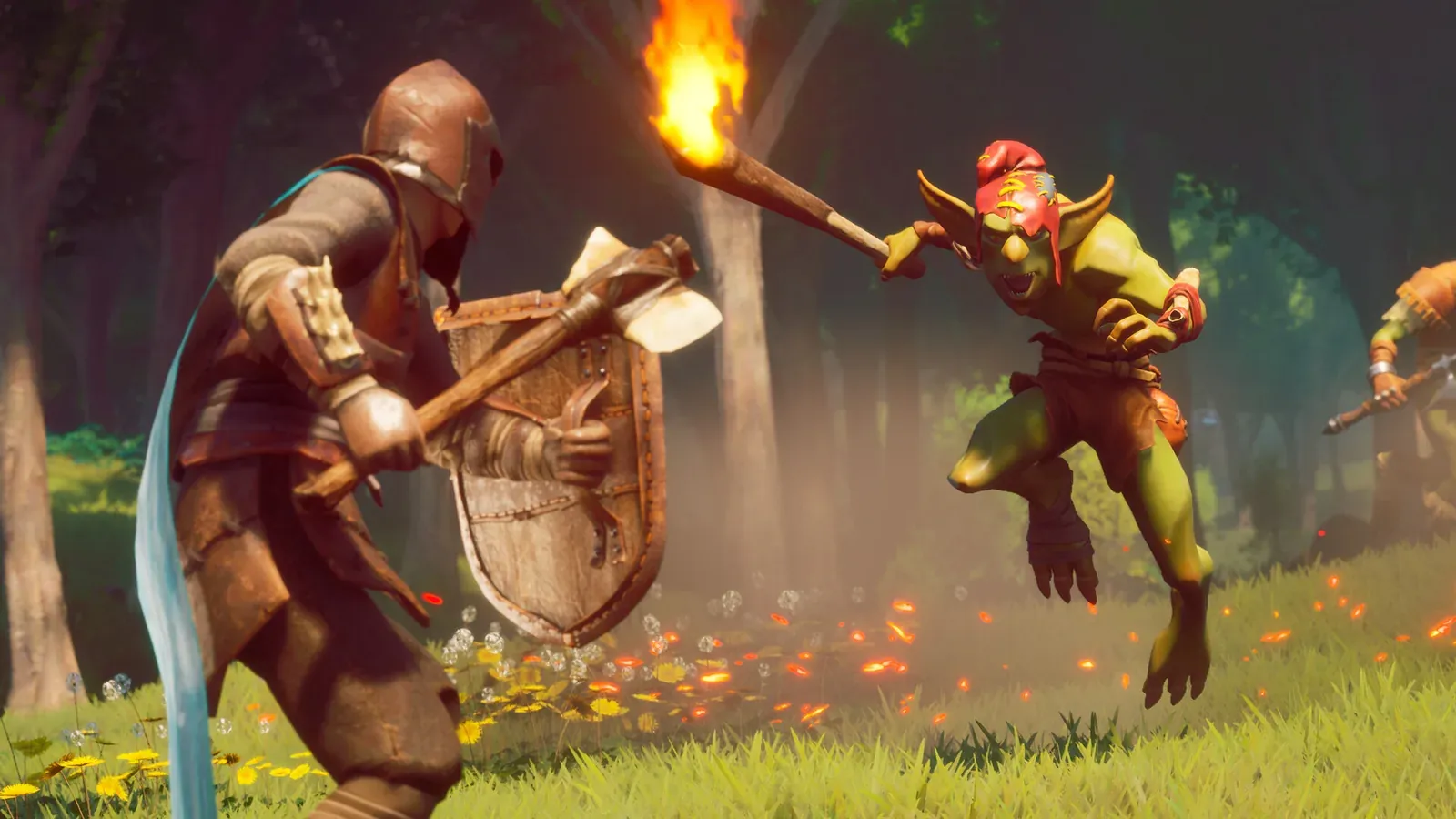 Player blocking with a shield while holding a torch against a goblin, showing melee combat