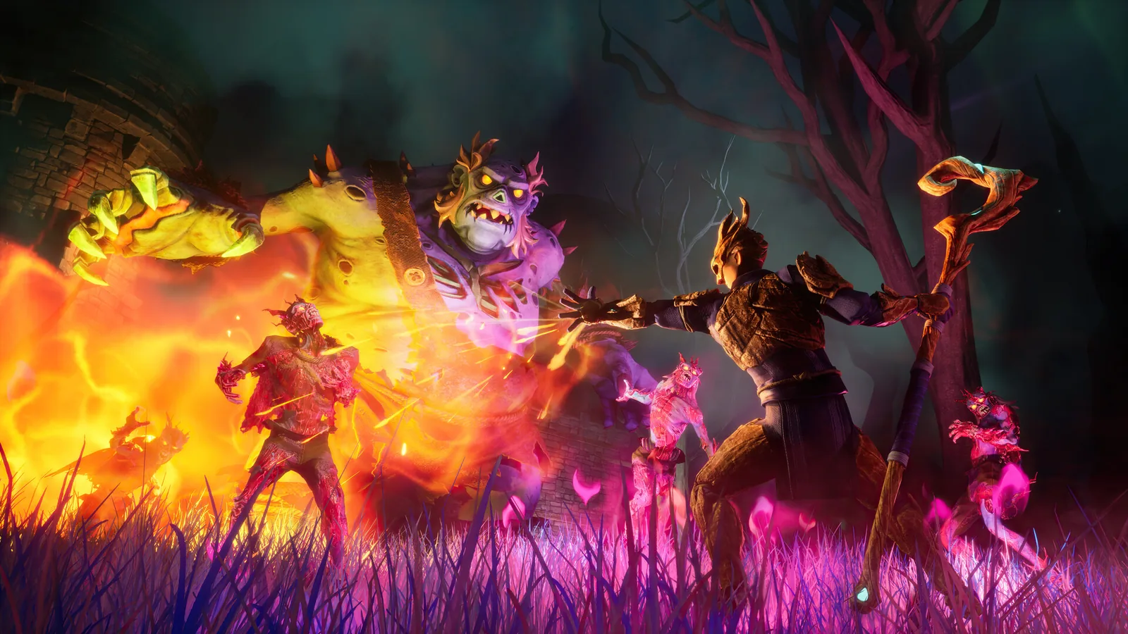 Elemental combat with orange fire and purple magic energy