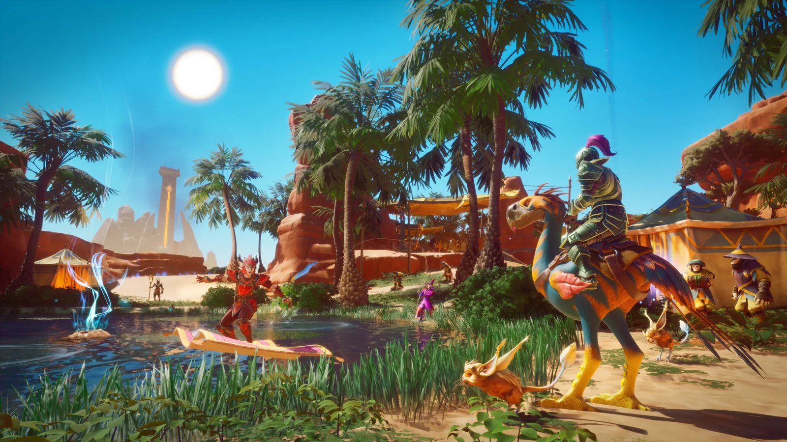 Player riding a mount through an oasis village in a multiplayer world