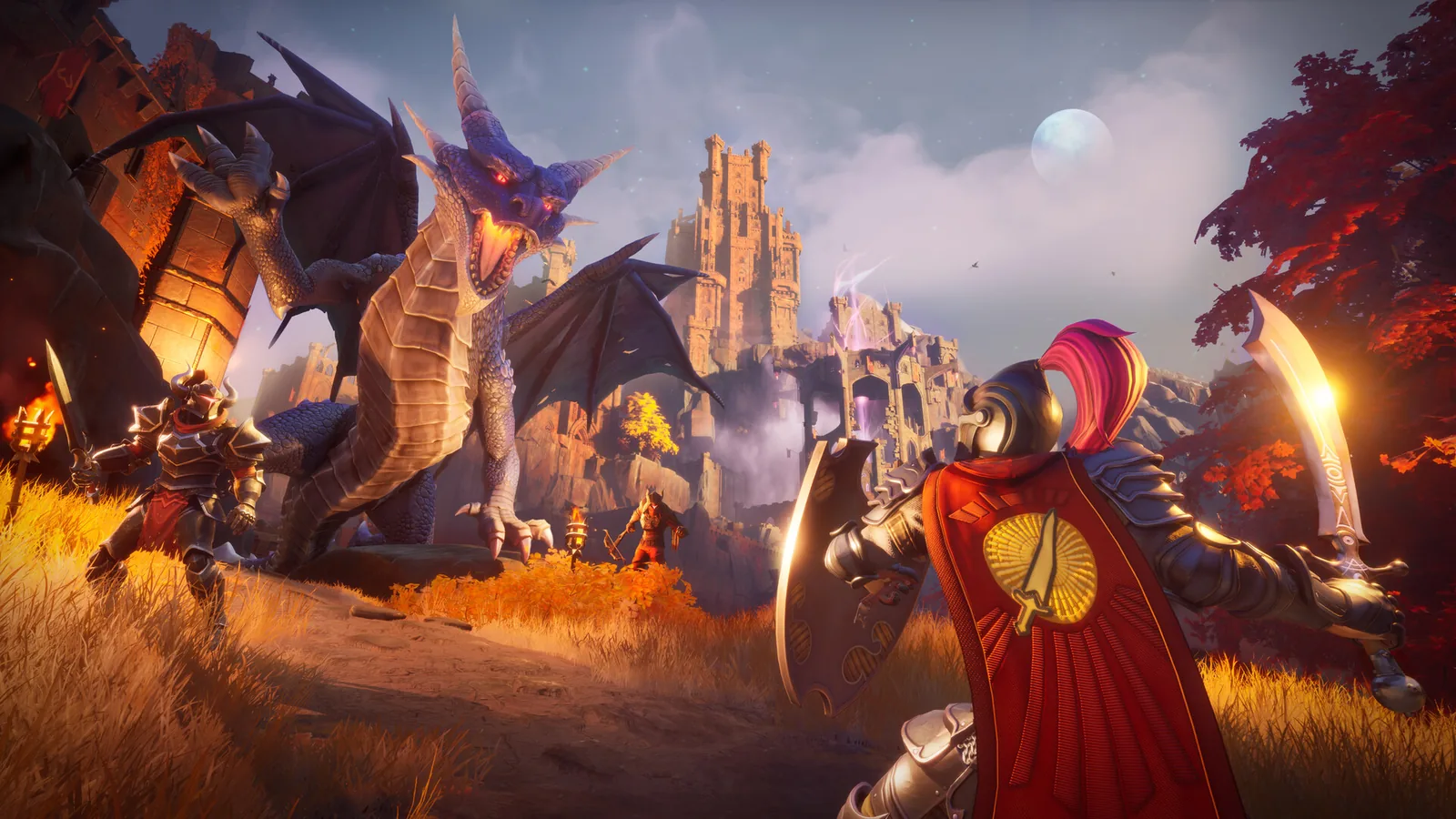 Player in a red cape raising a weapon against a dragon outside a fortress