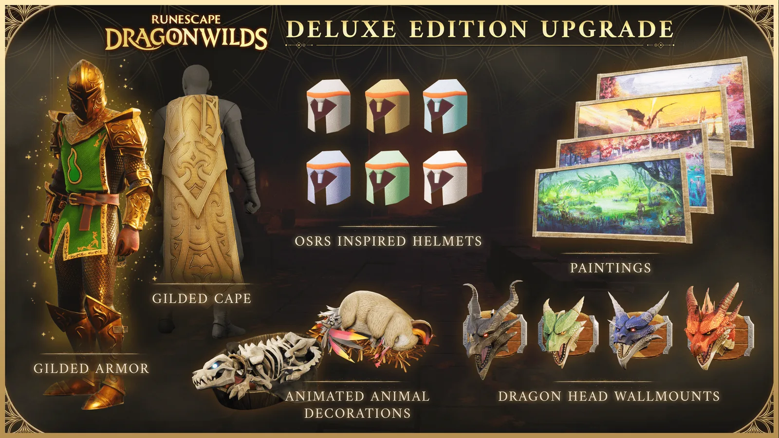 Official Deluxe Edition contents graphic showing gilded armour and cape, low-poly helmets, dragon head wall mounts, paintings and animated animal decorations